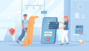 Cep telefonu uygulaması ile online ödeme. Banka hesap uygulaması. Faturaları ve hizmetleri internette öde. Pankart, web tasarımı veya iniş web sayfası için insan karakterleri ile düz çizgi film vektör çizimi