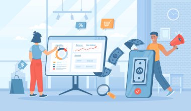 Terfi stratejisi. Finansal kar artışı, gelir analizi, piyasa ve iş istatistikleri. Pankart, web sitesi tasarımı için insan karakterleriyle düz çizgi film vektör çizimi