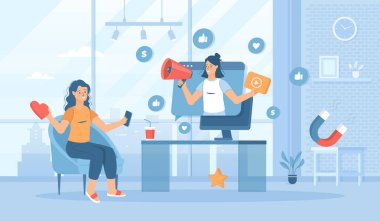 Video pazarlama. Viral tanıtım videoları kullanarak reklam kampanyası yapmak, sosyal medyadan insanların ilgisini çekmek. Pankart, web sitesi tasarımı veya iniş sayfası için insan karakterleriyle düz çizgi film vektör illüstrasyonu