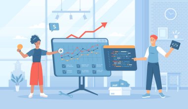 Proje geliştirme. Programcılardan oluşan bir ekip kodlarla çalışır. Erkek ve kadın yeni fikirler üretiyor, proje üzerinde takım çalışması. Pankart, web sitesi tasarımı için insan karakterleriyle düz çizgi film vektör çizimi