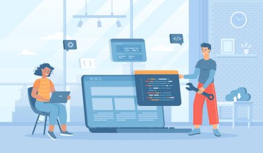 Yazılım geliştirme, programlama, kodlama. İnsanlar kod, ayar ve test yazarlar, programlar ve uygulamalar geliştirirler, bilişim endüstrisinde çalışırlar. İnsan karakterli düz çizgi film vektör çizimi
