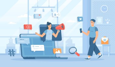 Sosyal medya haberleri, e-posta pazarlaması, online reklamcılık. Terfi stratejisi. Pankart, web tasarımı veya iniş web sayfası için insan karakterleri ile düz çizgi film vektör çizimi