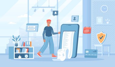 Elektronik makbuz. Banka hizmetleri ve işlemler. Çevrimiçi fatura ödemesi, mobil uygulama. Pankart, web tasarımı veya iniş web sayfası için insan karakterleri ile düz çizgi film vektör çizimi