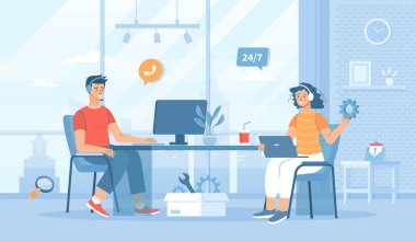 Teknik destek. Çevrimiçi müşteri servisi. Kulaklıklı operatörler müşterilere danışır ve teknik sorunları çözer. Pankart, web sitesi tasarımı için insan karakterleriyle düz çizgi film vektör çizimi