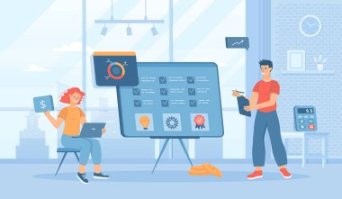 Satış yönetimi. Finansal analiz satışları ve kâr. Denetim, yatırım ve muhasebe. Pankart, web tasarımı veya iniş web sayfası için insan karakterleri ile düz çizgi film vektör çizimi.