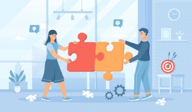 Ortaklık Ekibi Beyin Fırtınası Buluşma Konsepti. Bulmaca parçalarını birleştiren iş ekibi. Pankart, web tasarımı veya iniş web sayfası için insan karakterleri ile düz çizgi film vektör çizimi