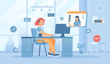 Müşteri hizmetleri. Kulaklıklı operatör müşterilere danışıyor, soruları cevaplıyor ve sorunları çözüyordu. Pankart, web sitesi tasarımı veya iniş sayfası için insan karakterleriyle düz çizgi film vektör illüstrasyonu.