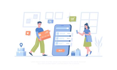 İnternetten alışveriş. Elektronik cüzdan kablosuz internet uygulaması ve kredi kartıyla cep telefonu ödemeleri. Pankart, web sitesi tasarımı, iniş sayfası için çizgi film modern düz vektör çizimi.