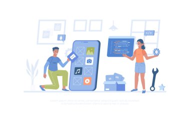 Uygulama geliştirme. Mobil uygulamalar için yerleşim arayüzleri oluştur ve optimize et. Pankart, web sitesi tasarımı, iniş sayfası için çizgi film modern düz vektör çizimi.