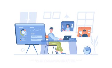 Video iş konferansı. Çevrimiçi toplantı, meslektaşlarımla sanal video tartışması. Pankart, web sitesi tasarımı, iniş sayfası için çizgi film modern düz vektör çizimi.