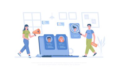 İşe alım ajansı. İşverenler ve İK boş iş için adayı seçiyor. Pankart, web sitesi tasarımı, iniş sayfası için çizgi film modern düz vektör çizimi.