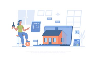 İnternette gayrimenkul. Satın alma, kiralama, sanal konut turu. Çevrimiçi konut araması için hızlı bir başvuru. Pankart, web sitesi tasarımı, iniş sayfası için çizgi film modern düz vektör çizimi.