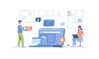 Stüdyo tasarımı. Tasarımcılar web sitesi için içerik, grafik ögeler, renk ve yazı tipleri seçerler. Pankart, web sitesi tasarımı, iniş sayfası için çizgi film modern düz vektör çizimi.