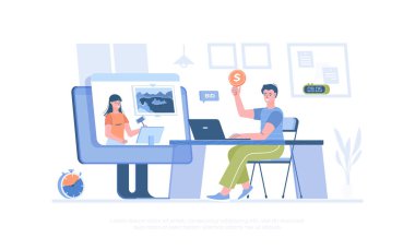 Çevrimiçi Açık Artırma. Müşteri açık arttırmada teklif veriyor, müzayedeci resim satıyor. Pankart, web sitesi tasarımı, iniş sayfası için çizgi film modern düz vektör çizimi.