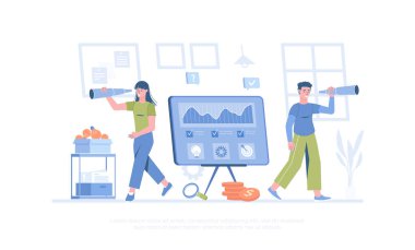 İş görüşü kavramı. İnsanlar fırsatlar arıyor, başarılı stratejiler, yeni iş fikirleri. Pankart, web sitesi tasarımı, iniş sayfası için çizgi film modern düz vektör çizimi.