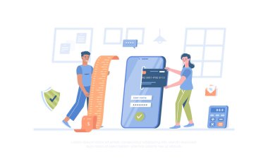 Cep telefonu uygulaması ile online ödeme. Banka hesap uygulaması. Faturaları ve hizmetleri internette öde. Pankart, web sitesi tasarımı, iniş sayfası için çizgi film modern düz vektör çizimi.