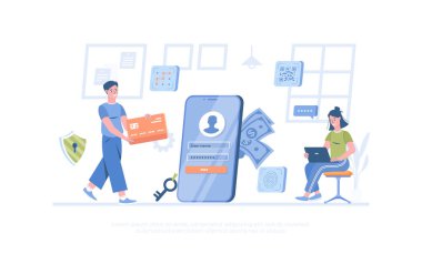 Güvenli ödeme sistemi. Güvenlik ve gizli veri koruması. Kimlik doğrulama ve doğrulama. Pankart, web sitesi tasarımı, iniş sayfası için çizgi film modern düz vektör çizimi.