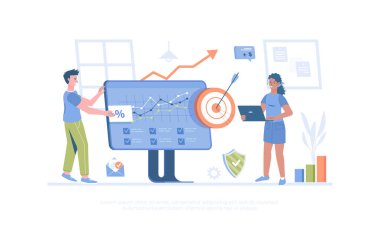 İş hedefi. Gol başarısı liderliği başarılı takım çalışması. Üretken hedef yönetimi. Pankart, web sitesi tasarımı, iniş sayfası için çizgi film modern düz vektör çizimi.