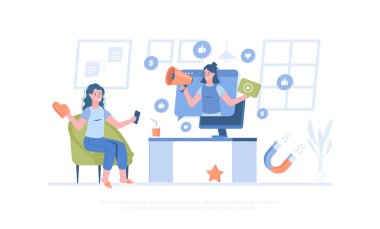 Video pazarlama. Viral tanıtım videoları kullanarak reklam kampanyası yapmak, sosyal medyadan insanların ilgisini çekmek. Pankart, web sitesi tasarımı, iniş sayfası için çizgi film modern düz vektör çizimi.