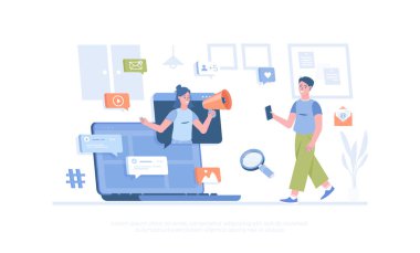 Sosyal medya haberleri, e-posta pazarlaması, online reklamcılık. Terfi stratejisi. Pankart, web sitesi tasarımı, iniş sayfası için çizgi film modern düz vektör çizimi.