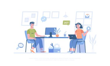 Teknik destek. Çevrimiçi müşteri servisi. Kulaklıklı operatörler müşterilere danışır ve teknik sorunları çözer. Pankart, web sitesi tasarımı, iniş sayfası için çizgi film modern düz vektör çizimi.