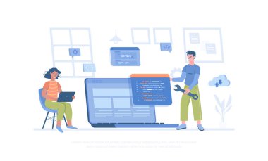 Yazılım geliştirme, programlama, kodlama. İnsanlar kod, ayar ve test yazarlar, programlar ve uygulamalar geliştirirler, bilişim endüstrisinde çalışırlar. Web pankartı için modern düz vektör çizimi