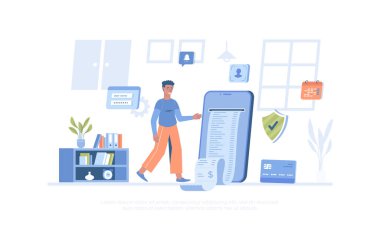 Elektronik makbuz. Banka hizmetleri ve işlemler. Çevrimiçi fatura ödemesi, mobil uygulama. Pankart, web sitesi tasarımı, iniş sayfası için çizgi film modern düz vektör çizimi.