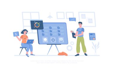 Satış yönetimi. Finansal analiz satışları ve kâr. Denetim, yatırım ve muhasebe. Pankart, web sitesi tasarımı, iniş sayfası için çizgi film modern düz vektör çizimi.