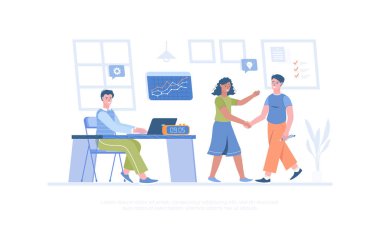 İş adamları takım halinde çalışır. Meslektaşlar araştırma yapar, analiz eder, geliştirir, yeni fikirler üretir. Pankart, web sitesi tasarımı, iniş sayfası için çizgi film modern düz vektör çizimi.