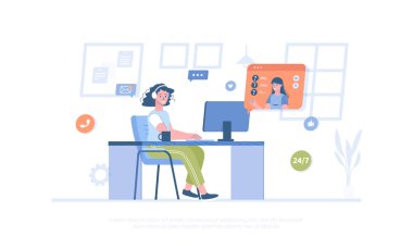 Müşteri hizmetleri. Kulaklıklı operatör müşterilere danışıyor, soruları cevaplıyor ve sorunları çözüyordu. Pankart, web sitesi tasarımı, iniş sayfası için çizgi film modern düz vektör çizimi.