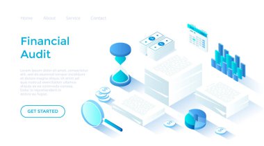 Mali denetim ve iş analizi kavramı. Haritalar, büyüteç, takvim, para, bozuk para ve kum saati olan belgeler. Isome illüstrasyon. Beyaz arkaplanda ağ için sayfa şablonu indiriliyor.