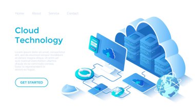 Bulut Teknolojisi. Büyük veri işleme merkezi, bulut veritabanı, bağlantı bilgileri, depolama, sunucu. Isome illüstrasyon. Beyaz arkaplanda ağ için sayfa şablonu indiriliyor.