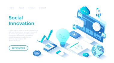 Sosyal Yenilik, Fikir, Strateji, Teknoloji, Yenilikçi Yaklaşımlar. Isome illüstrasyon. Beyaz arkaplanda ağ için sayfa şablonu indiriliyor.