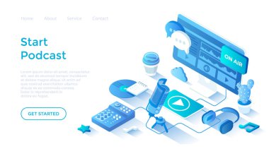 Bir ses yayını kaydet. Çevrimiçi podcast, Blog, Radyo Show. Podcast stüdyo ekipmanı ve uygulama. Isome illüstrasyon. Beyaz arkaplanda ağ için sayfa şablonu indiriliyor.
