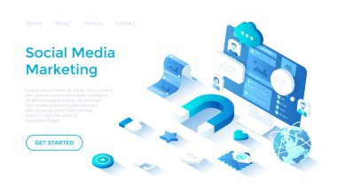 Sosyal medya pazarlama SMM. Pazarlama ve iletişim stratejisi. Sosyal ağlar aracılığıyla terfi. Mıknatıs, duygu simgelerini çeker. Isometric Illustration. Beyaz arkaplanda ağ için sayfa şablonu indiriliyor