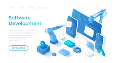 Software Development programming, engineering, coding. Testing and bug fixing. Creating new applications, programs, frameworks. Landing page template for web on white background. clipart svg vector 