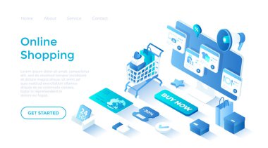 İnternetten alışveriş, internet perakendecisi. İnternetten ödeme alıyorum. Başvuru hizmeti web sitesi bankacılığı. Çevrimiçi market arabası, kredi kartı, megafon. Beyaz arkaplanda ağ için sayfa şablonu indiriliyor.