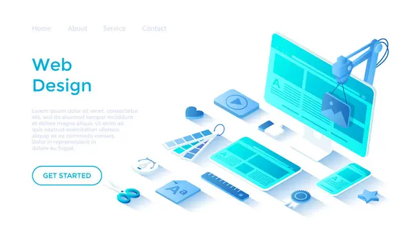 Web Tasarımı. İzleme, dizüstü bilgisayar, tablet, telefon için site iniş sayfası. UI UX web sitesi tasarımı yaratılıyor. Web sitesi ve mobil site için web sayfası. Beyaz arkaplanda ağ için sayfa şablonu indiriliyor.