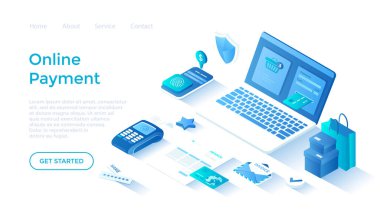 Çevrimiçi ödeme. Fatura ödeme, fatura, online alışveriş, e-ticaret pazarı. Kart işlemlerini yeniden düzenlemek, dizüstü bilgisayarla para transferi. Beyaz arkaplanda ağ için sayfa şablonu indiriliyor.