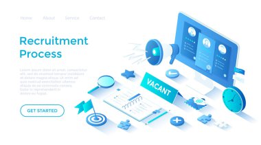 İşe alım Süreci. İnsan Kaynakları Yönetimi ve Kiralama konsepti. En iyi adayı seçmek, yeni bir çalışan aramak. Beyaz arkaplanda ağ için sayfa şablonu indiriliyor.