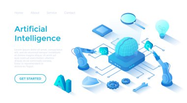 Yapay zeka yapay zeka, dijital beyin, yapay düşünme süreci. Gelecek teknolojisi, makine öğrenimi, akıllı beyin bilgisayarı, sinirsel ağlar. Beyaz arkaplanda ağ için sayfa şablonu indiriliyor.