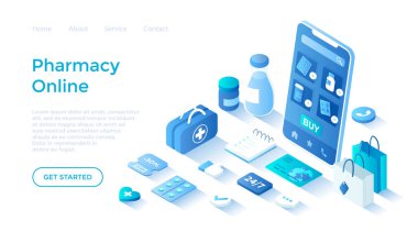 İnternetteki eczane, eczane. Sağlık hizmeti, tıbbi bakım uygulaması. Sağlık sigortası, doktor reçetesi, eczanede ilaçlar. Beyaz arkaplanda ağ için sayfa şablonu indiriliyor.