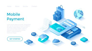 Cep telefonu ödemesi yok. PayPass, NFC ödemeleri. QR kodu taranıyor. POS terminali, telefon ve akıllı saat. Beyaz arkaplanda ağ için sayfa şablonu indiriliyor.