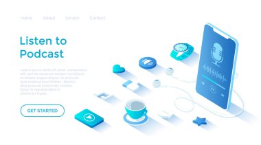 Podcast 'i dinle. Podcast radyo servisleri, akıllı telefondan mobil yayın uygulaması. Podcast konsepti. Beyaz arkaplanda ağ için sayfa şablonu indiriliyor.