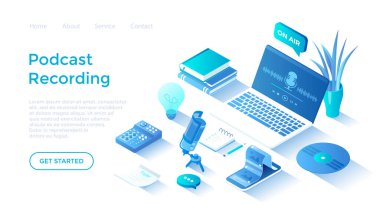 Kayıt Podcast 'i. Online şov, blog yazma, radyo yayını, internet sitesinde podcast. Radyo sunucusu iş yeri, mikrofon, kulaklık, mikser. Beyaz arkaplanda ağ için sayfa şablonu indiriliyor.