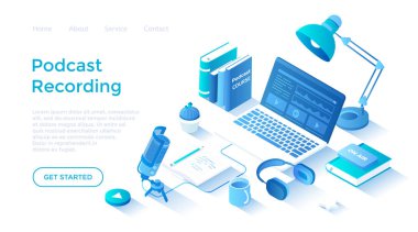 Kayıt Podcast 'i. Mikrofonu, kulaklığı, bilgisayarı olan bir radyo sunucusu. Ses kaydı, canlı yayın, yayın. Beyaz arkaplanda ağ için sayfa şablonu indiriliyor.