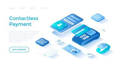 NFC 'nin patavatsız ödeme teknolojisi. Cep telefonu ödemesi. POS terminali, akıllı telefon, kredi kartı, akıllı izleme, QR kodu. Beyaz arkaplanda ağ için sayfa şablonu indiriliyor.