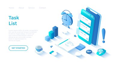 Akıllı telefon ekranında kontrol listesi. Görev yöneticisi uygulaması. Satın almalar, görevler, planlar, yapılacaklar listesi. Beyaz arkaplanda ağ için sayfa şablonu indiriliyor.