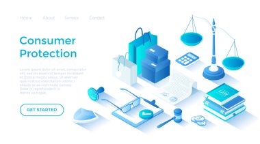 Tüketici koruması. Alıcının yasal hakları, satın alma güvenliği. Alıcı ilişkileri yönetmelikleri. Beyaz arkaplanda ağ için sayfa şablonu indiriliyor.