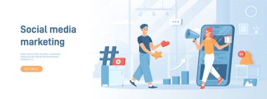 Sosyal medya stratejisi, internet reklamcılığı. Sosyal ağlarda ürün ve hizmetlerin tanıtımı. Düz konsept sosyal medya promosyon materyali için harika. Beyaz arkaplanda web sitesi afişi.